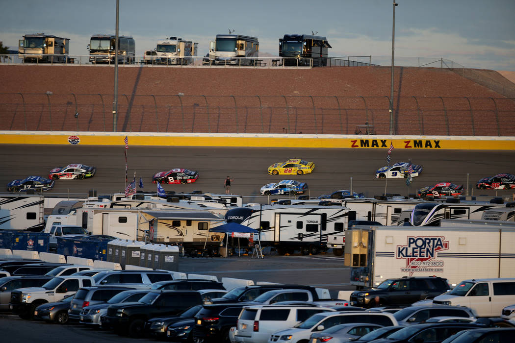 NASCAR Cup Series driver Joey Logano (22) and others practice for SundayÕs Pennzoil 400 at Las ...