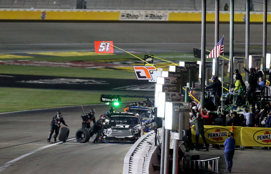 Kyle Busch (51) pits during the Strat 200 NASCAR Truck Series race at Las Vegas Motor Speedway ...