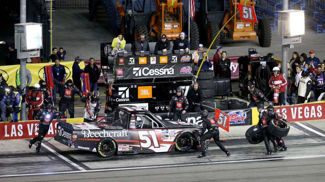 Kyle Busch (51) pits during the Strat 200 NASCAR Truck Series race at Las Vegas Motor Speedway ...