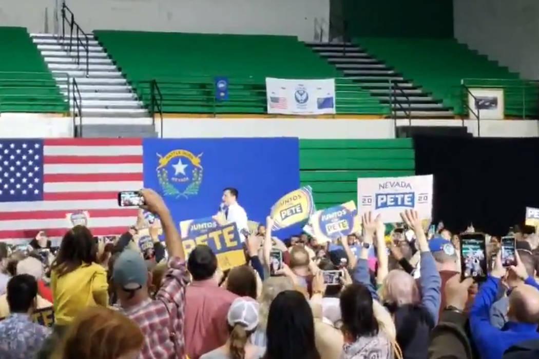 Former South Bend, Indiana, Mayor Pete Buttigieg speaks to supporters inside a gym at Rancho Hi ...