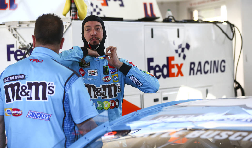 Kyle Busch prepares for qualifying for the Monster Energy NASCAR Cup Series South Point 400 aut ...