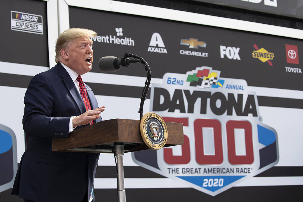 President Donald Trump speaks before the start of the NASCAR Daytona 500 auto race at Daytona I ...