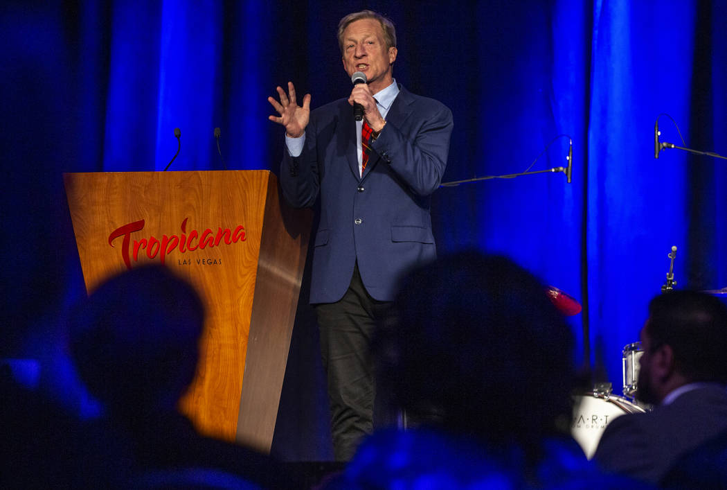 Businessman Tom Steyer talks about the economy during the Clark County Democrats Kick Off to Ca ...