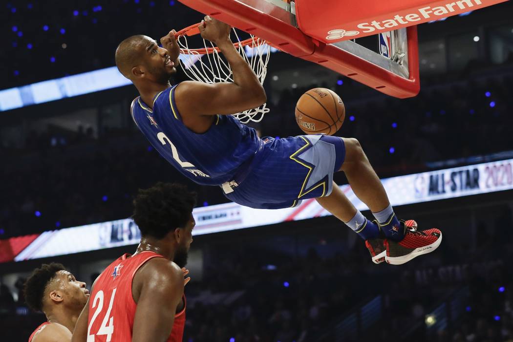 Chris Paul of the Oklahoma City Thunder dunks during the first half of the NBA All-Star basketb ...
