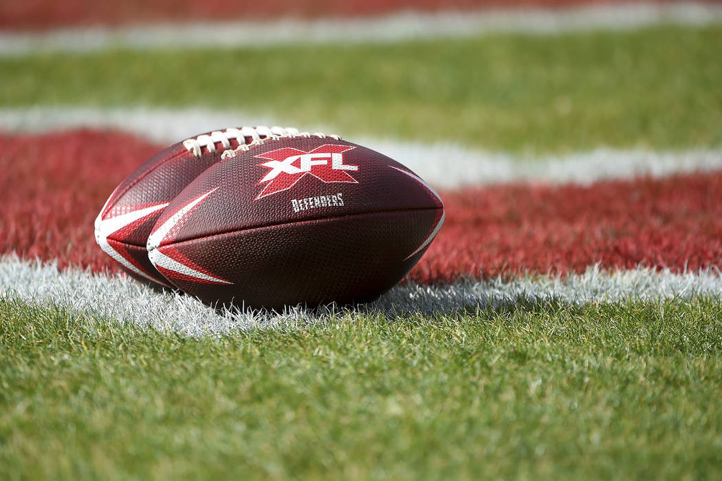 A detailed view of XFL DC Defenders footballs prior to the start of an XFL football game betwee ...