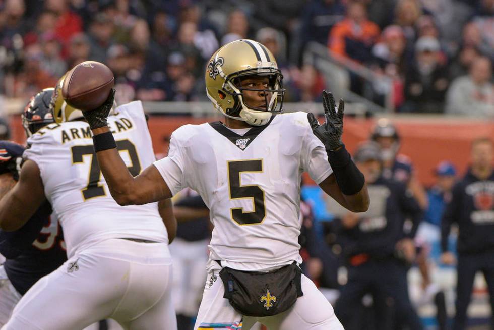 In this Sunday, Oct. 20, 2019 file photo, New Orleans Saints quarterback Teddy Bridgewater (5) ...