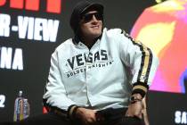 Heavyweight boxer Tyson Fury during a press conference at the MGM Grand Garden Arena in Las Veg ...