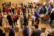 People line up for early voting in the Nevada Democratic caucuses at the Anthem Center in the S ...