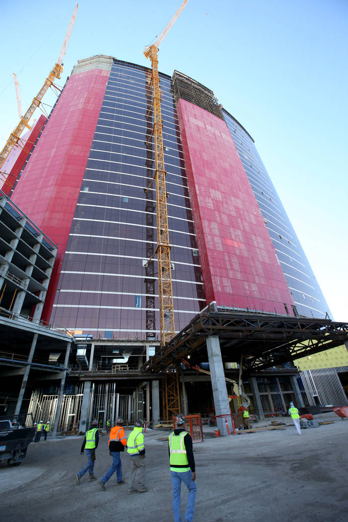 Construction continues on the Hilton west tower porte cochere at Resorts World Las Vegas on the ...