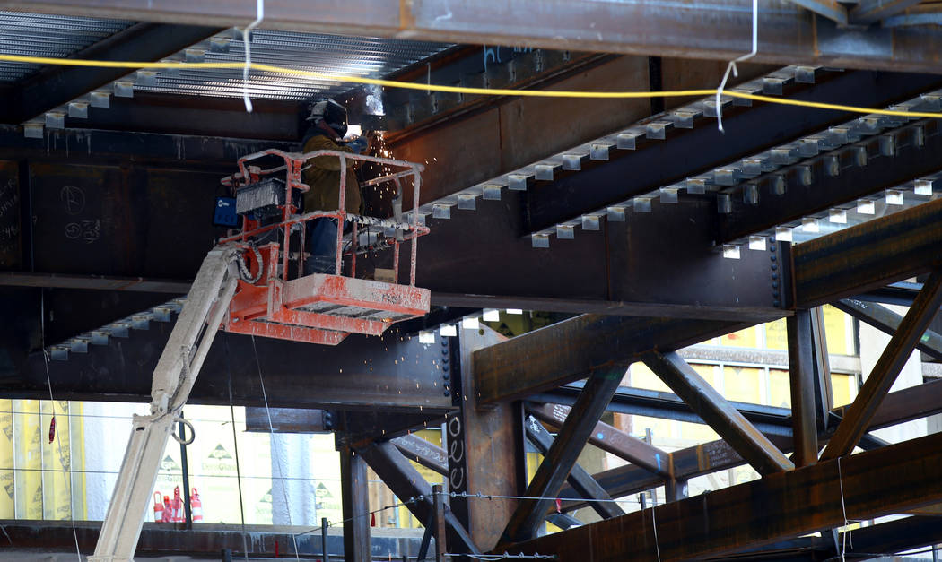 Construction continues on the Hilton west tower porte cochere at Resorts World Las Vegas on the ...