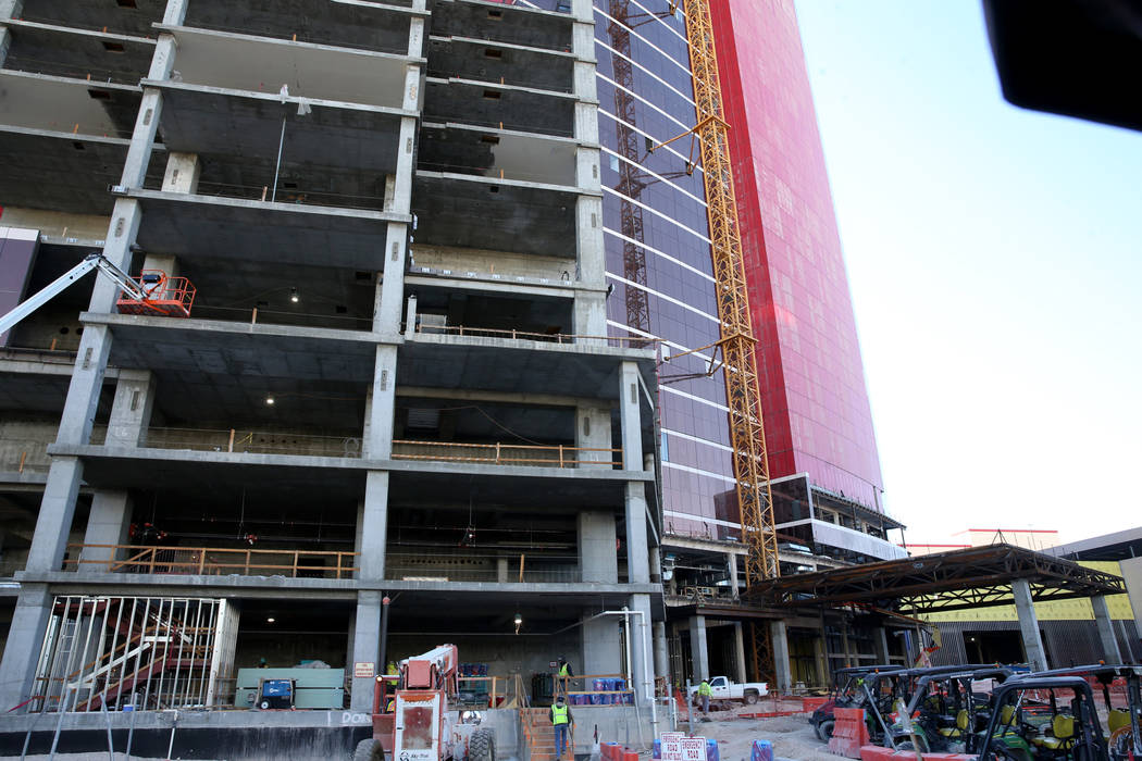 Construction continues on the Hilton west tower porte cochere at Resorts World Las Vegas on the ...
