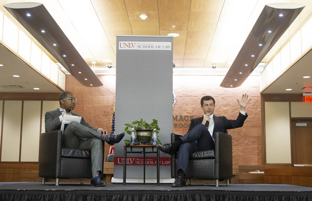Democratic presidential candidate former South Bend Mayor Pete Buttigieg, right, and UNLV profe ...