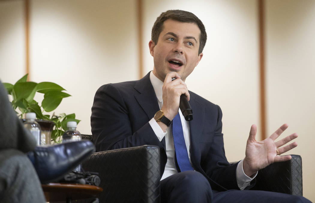 Democratic presidential candidate former South Bend Mayor Pete Buttigieg speaks during an event ...