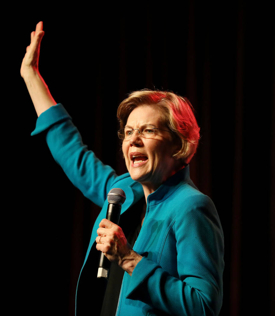 Sen. Elizabeth Warren speaks during a Care in Action Domestic Worker meeting at MGM Grand on Tu ...