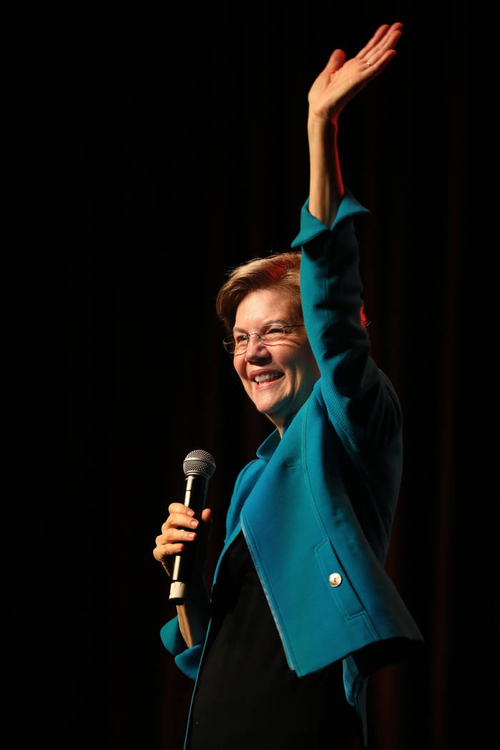 Sen. Elizabeth Warren speaks during a Care in Action Domestic Worker meeting at MGM Grand on Tu ...
