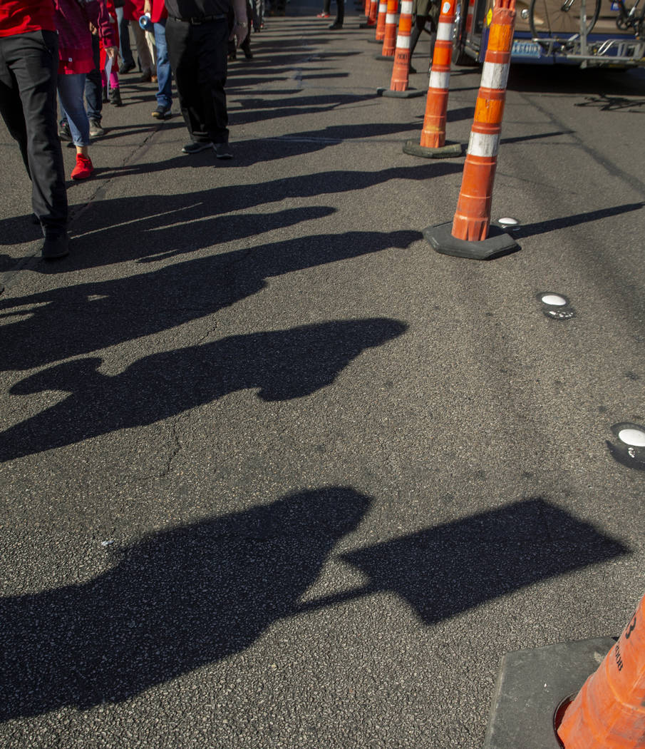 Workers from seven Station Casinos' properties walk a picket line while fighting for a union co ...