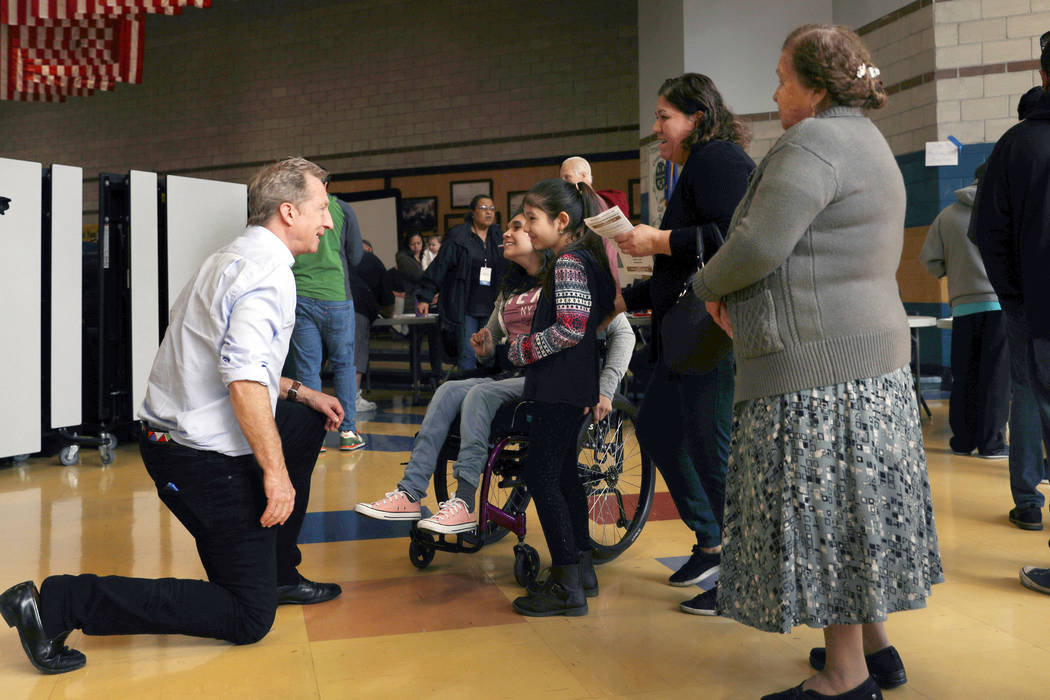 Presidential candidate Tom Steyer greets caucus participants at Cheyenne High School in North L ...