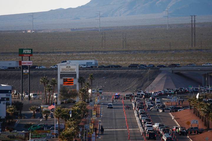 Traffic is seen backed up while trying to access Interstate 15 following a NASCAR race at the L ...