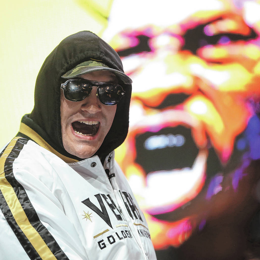 Heavyweight boxer Tyson Fury during a press conference at the MGM Grand Garden Arena in Las Veg ...