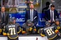 Vegas Golden Knights head coach Peter DeBoer looks up as his team readies for Washington Capita ...