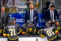 Vegas Golden Knights head coach Peter DeBoer looks up as his team readies for Washington Capita ...