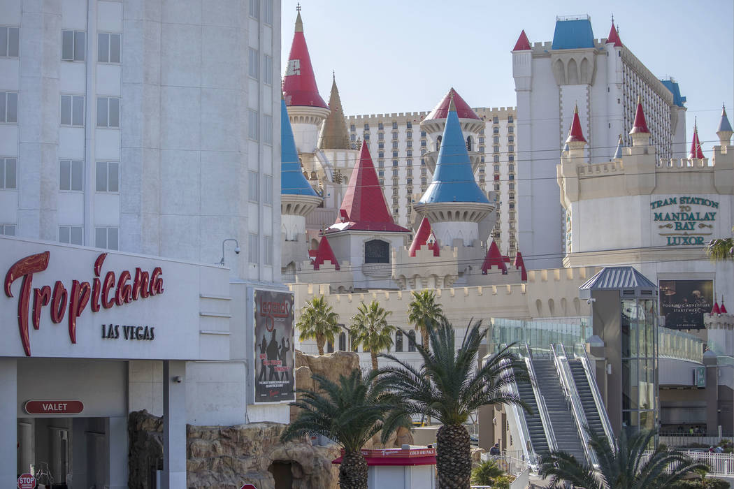 Tropicana is seen on the Strip with Excalibur in the background on Wednesday, Feb. 19, 2020, in ...