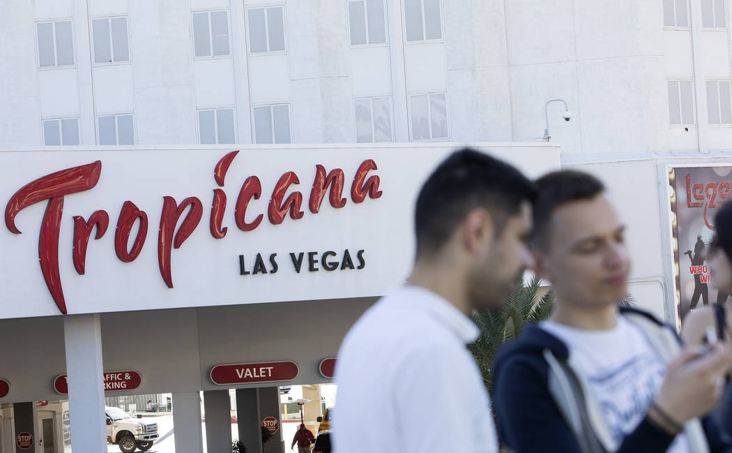 Tourists take photos outside of Tropicana on the Strip on Wednesday, Feb. 19, 2020, in Las Vega ...