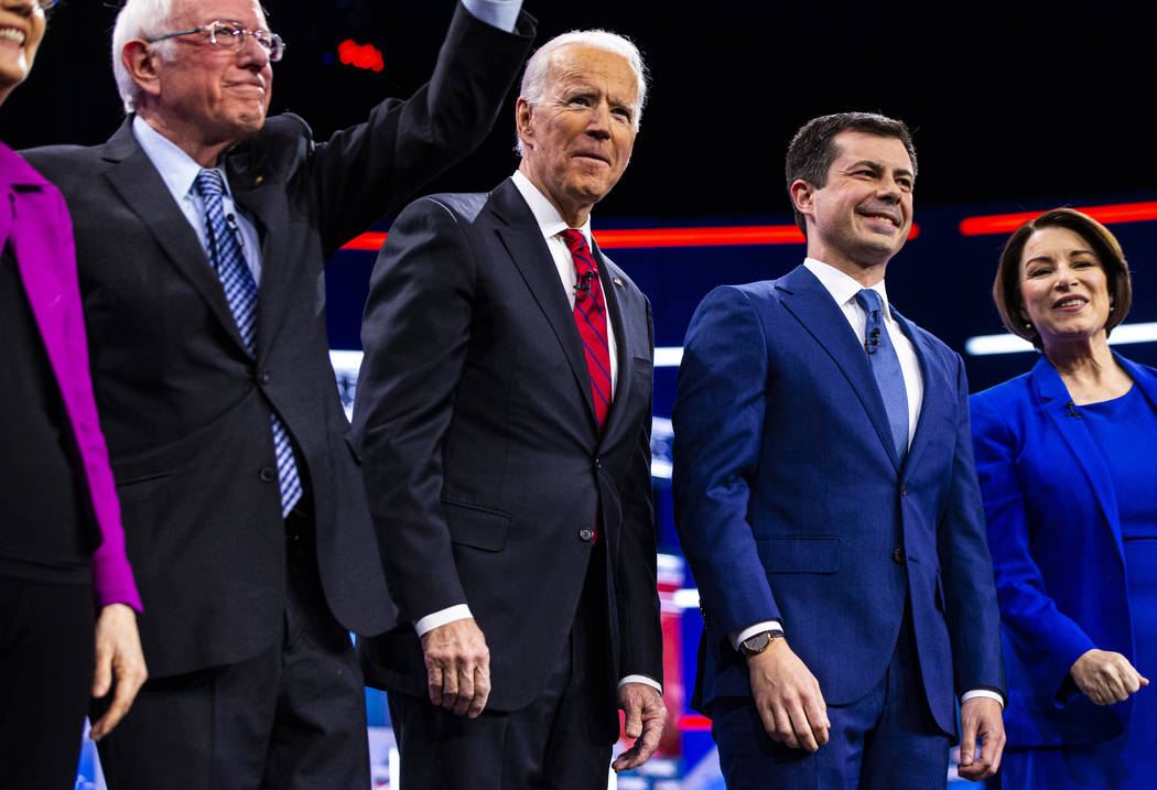Democratic presidential candidates, from left, Sen. Bernie Sanders, I-Vt., former Vice Presiden ...
