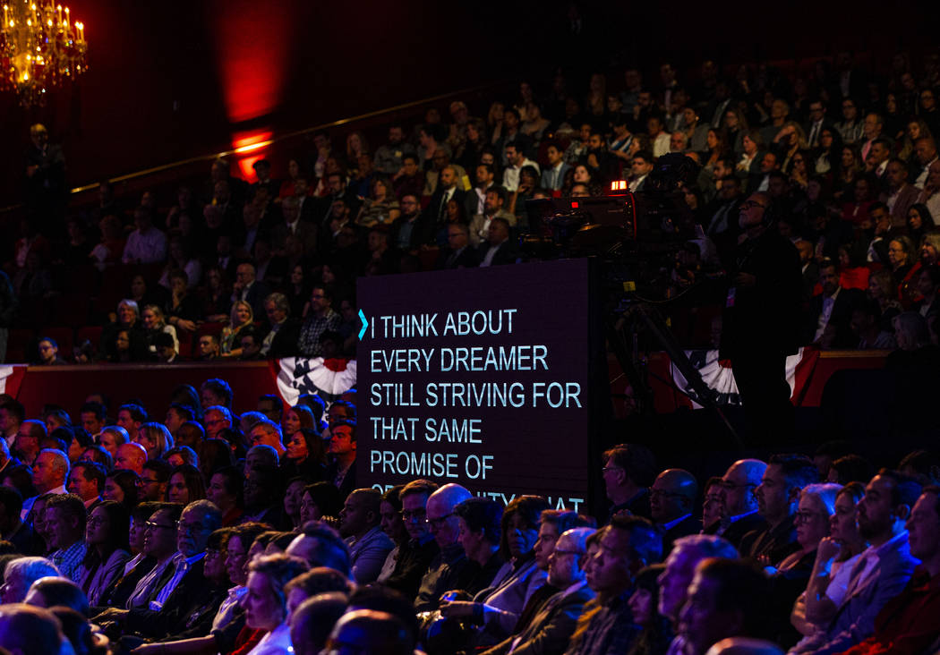 Attendees wait for the start of the Democratic presidential debate at Paris Las Vegas on Wednes ...