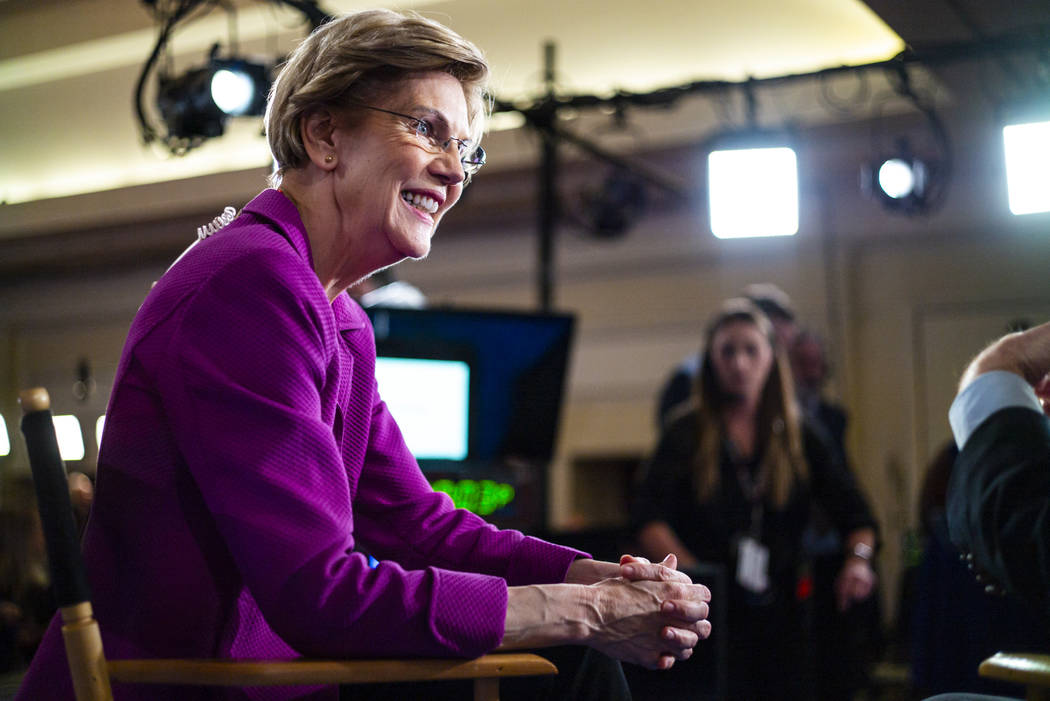 Democratic presidential candidate Sen. Elizabeth Warren, D-Mass., is interviewed in the media s ...