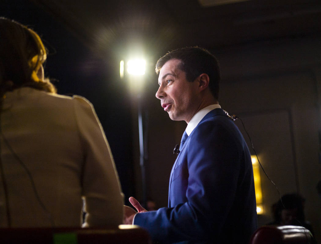Democratic presidential candidate former South Bend Mayor Pete Buttigieg is interviewed in the ...