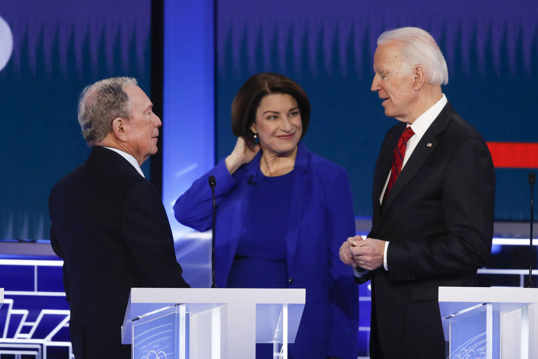 Democratic presidential candidates, former New York City Mayor Mike Bloomberg, left, Sen. Amy K ...