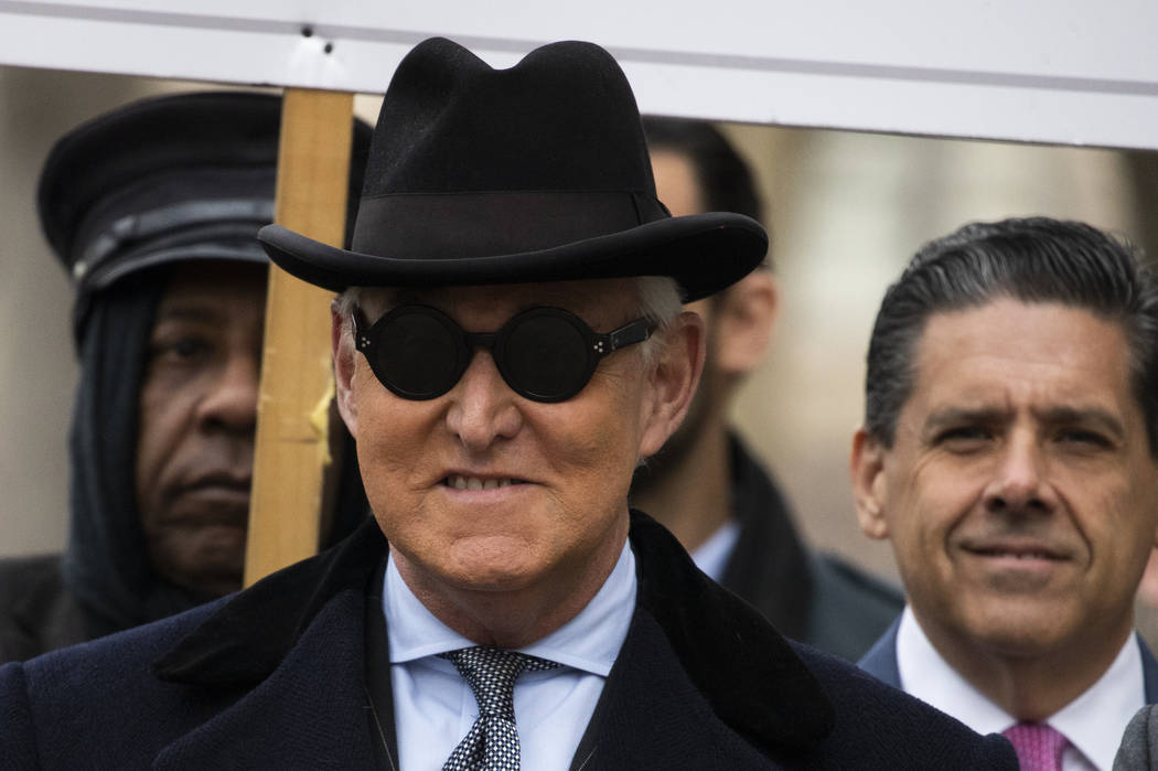 Roger Stone arrives at federal court in Washington, Thursday, Feb. 20, 2020. Roger Stone, a sta ...