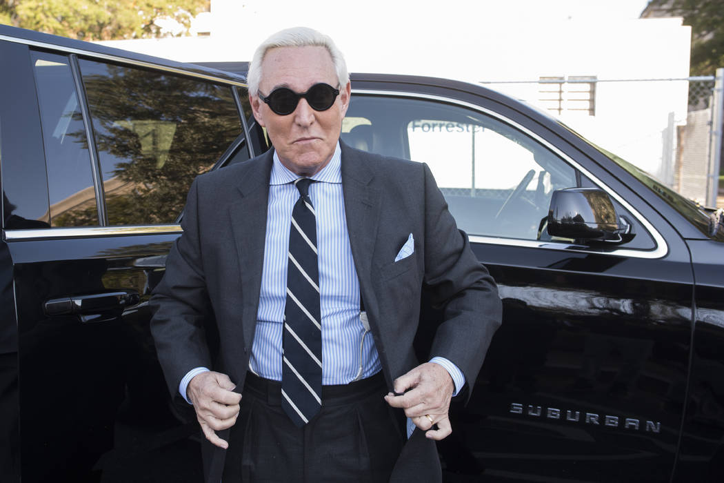 FILE - In this Nov. 6, 2019 file photo, Roger Stone arrives at Federal Court for the second day ...