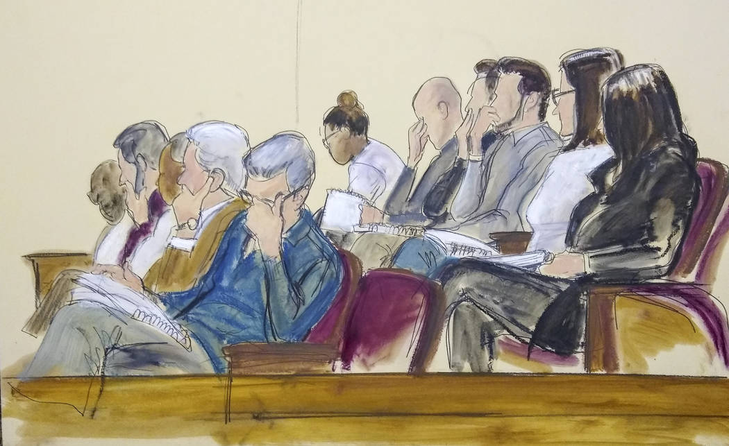 In this courtroom sketch, the jury in Harvey Weinstein's rape trial listens to a read back of M ...