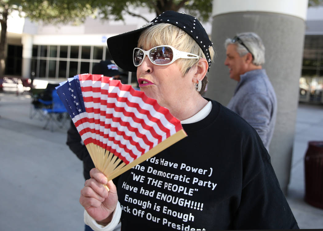 Lynn Caplan, of Las Vegas, speaks during an interview with the Review-Journal as she camps outs ...