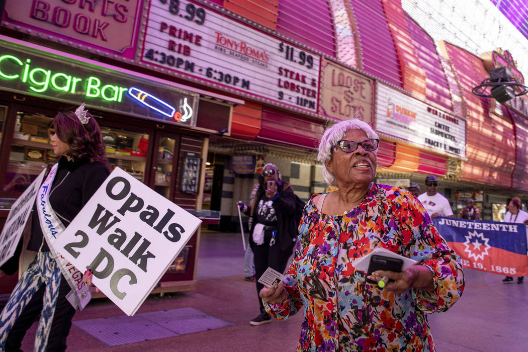 Opal Lee, 93, of Fort Worth, Texas, walks the Fremont Street Experience as part of a nationwide ...