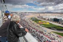 Drivers race around turn one during the NASCAR Xfinity Series Boyd Gaming 300 on Saturday, Marc ...