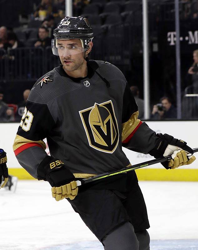 Vegas Golden Knights defenseman Alec Martinez warms up for the team's NHL hockey game against t ...