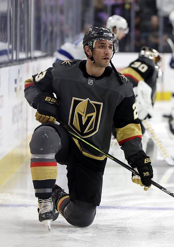 Vegas Golden Knights defenseman Alec Martinez warms up for the team's NHL hockey game against t ...