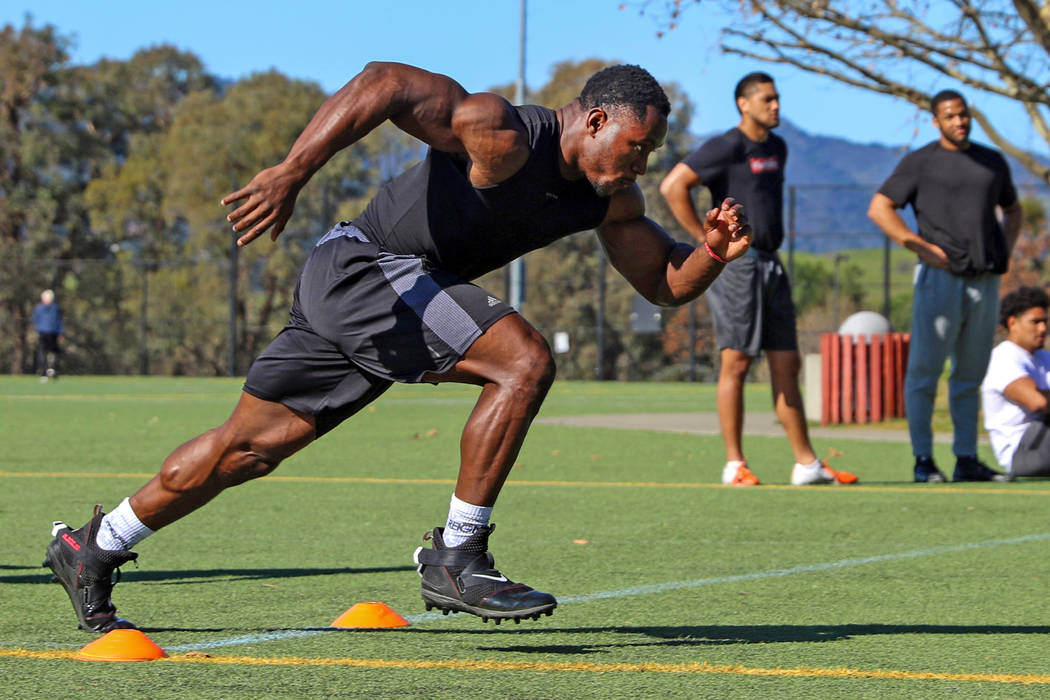 Former UCLA running back Joshua Kelley sprints during a workout to prepare for the 2020 NFL Com ...