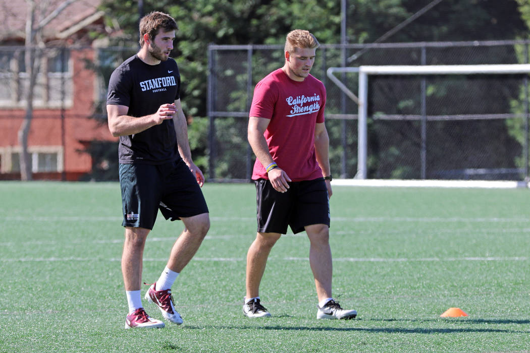 Former Stanford University linebacker Casey Toohill, left, and former University of Wyoming lin ...