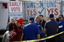 People wait in line to vote early at the Culinary Workers union Monday, Feb. 17, 2020, in Las V ...