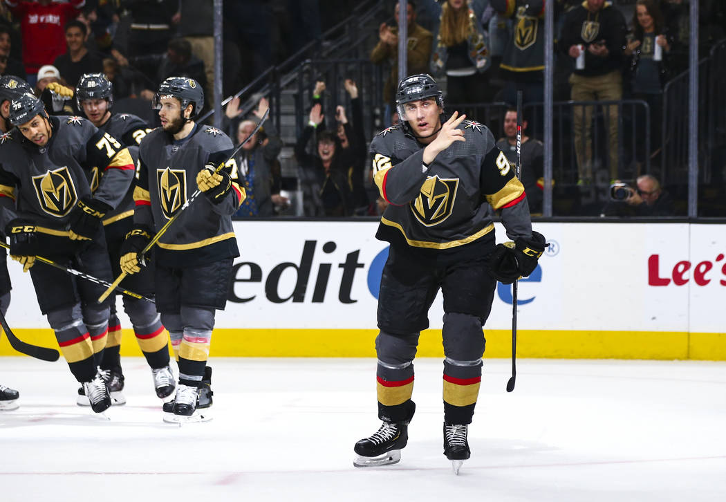 Golden Knights' Tomas Nosek (92) acknowledges the crowd after his goal against the Florida Pant ...