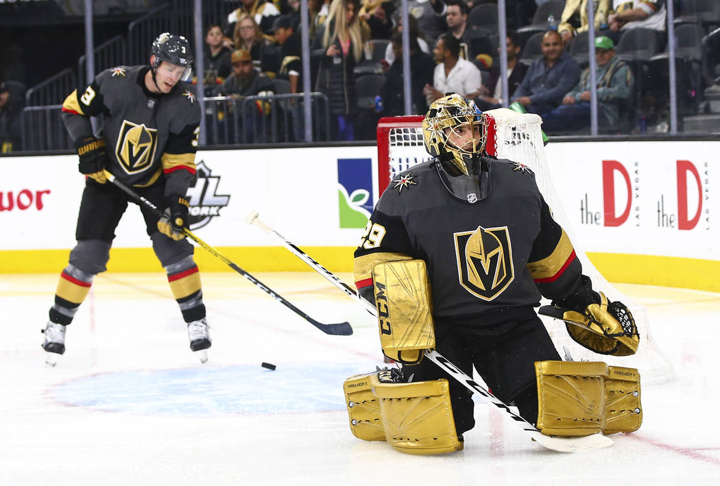 Golden Knights goaltender Marc-Andre Fleury (29) reacts after getting scored on by the Florida ...
