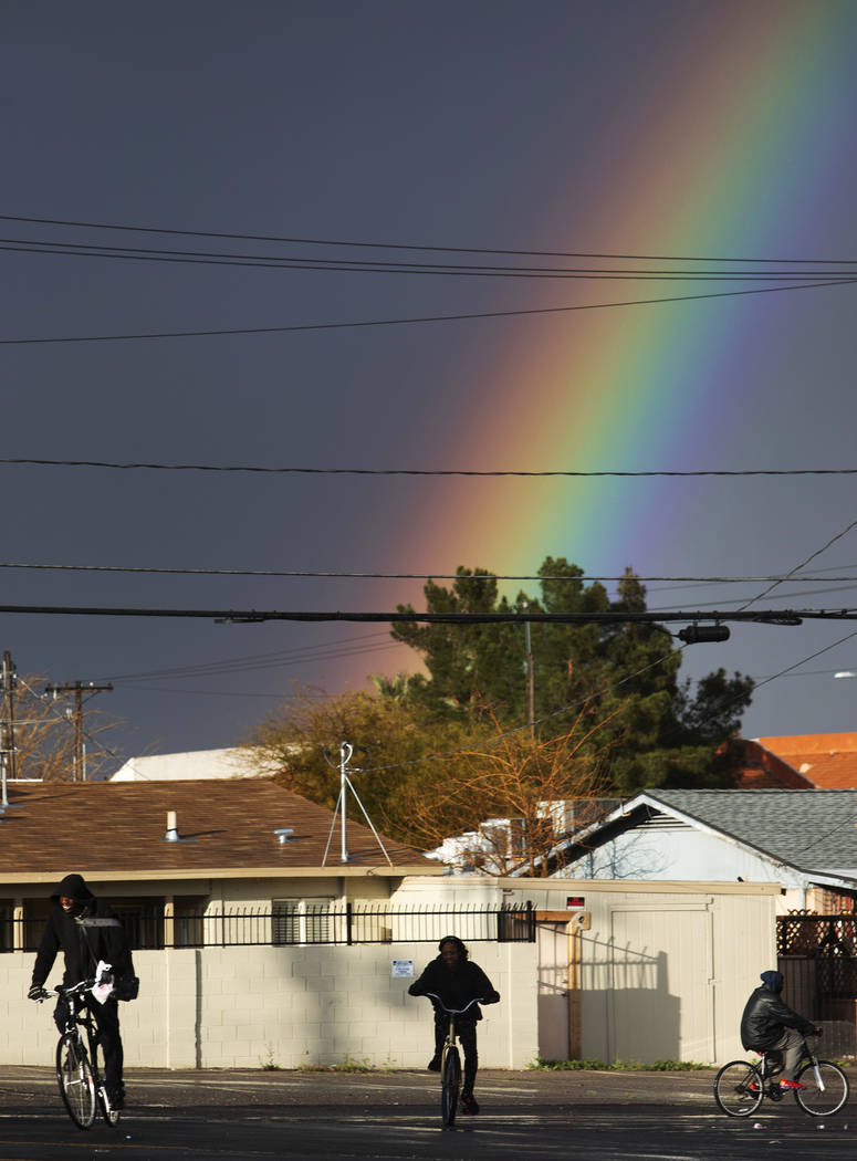 A rainbow appeared after a downpour in Las Vegas, as seen from Charleston Boulevard on Saturday ...