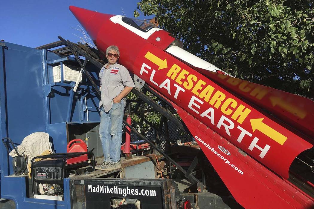 Daredevil/limousine driver Mad Mike Hughes is shown with with his steam=powered rocket construc ...