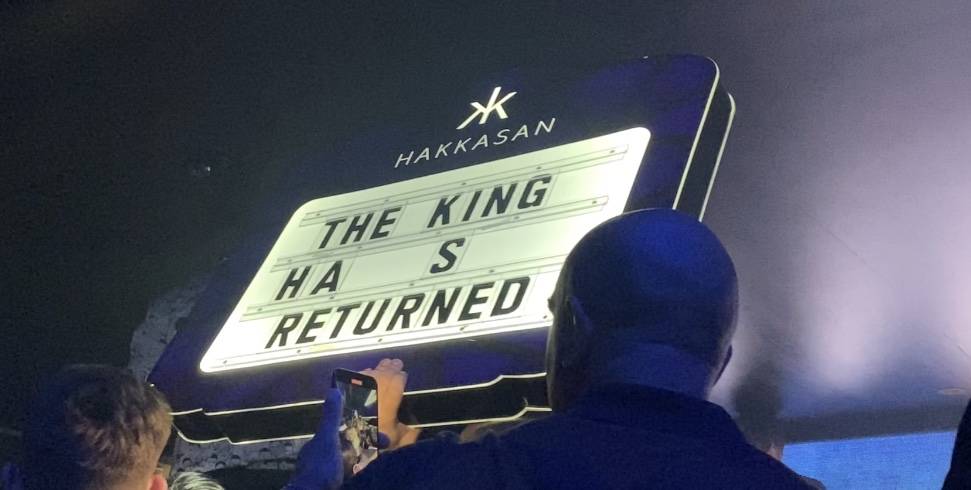 A sign welcoming Tyson Fury to his victory party is shown at Hakkasan Nightclub in Las Vegas on ...