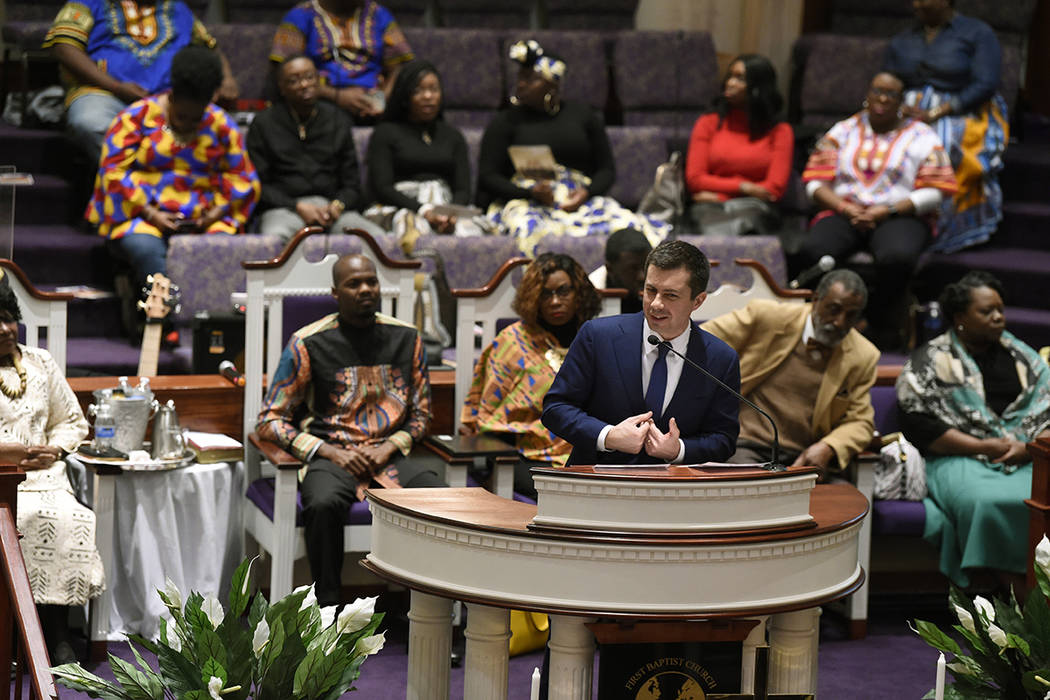 Democratic presidential candidate Pete Buttigieg speaks at First Baptist Church on Sunday, Feb. ...