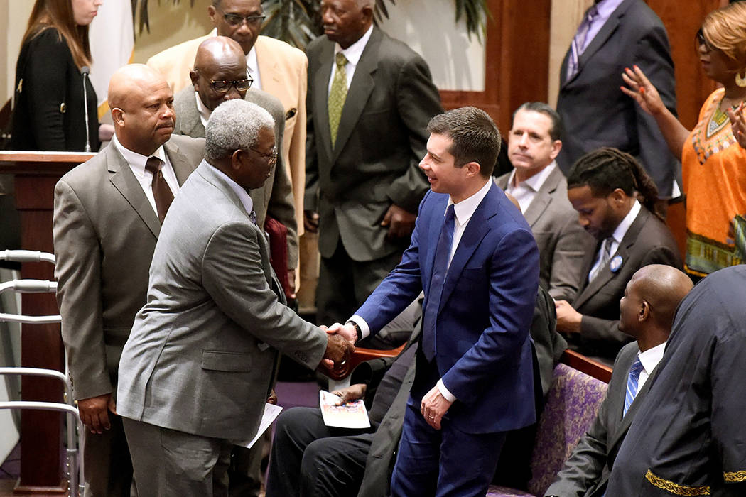 Democratic presidential candidate Pete Buttigieg arrives at First Baptist Church on Sunday, Feb ...